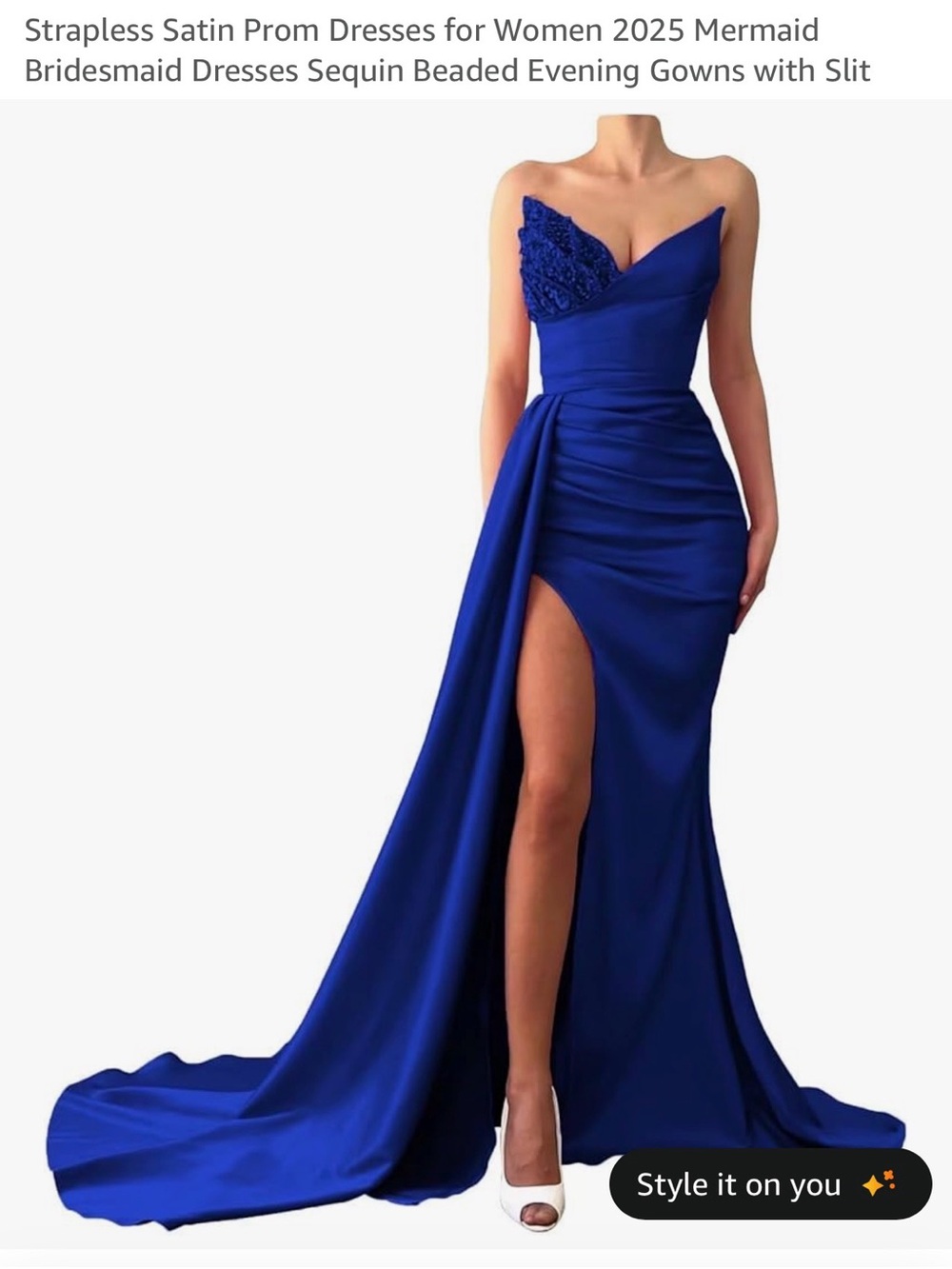 Strapless Royal Blue Satin Mermaid Evening Gown with Slit